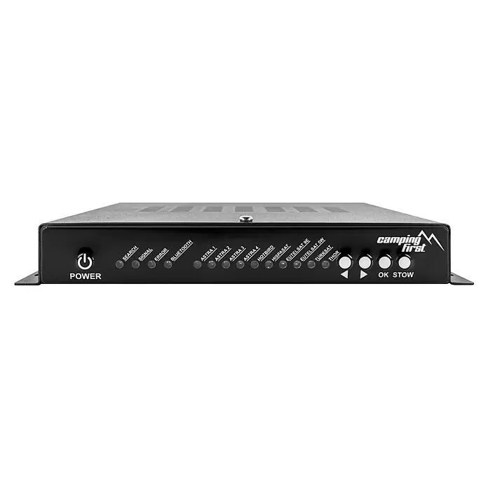 Camping First Satelliten-Antenne Satmex Flat 2 - L x B x H: 480 x 525 x 150 mm, Anzahl Nutzer: 2 - Schwarze Satellitenanlagen-Steuereinheit mit LED-Anzeigen für Status und Satellitenkanäle sowie Bedientasten.