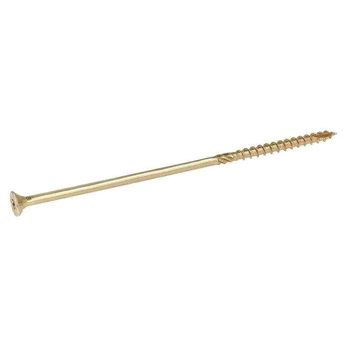 Profi Depot Tornillo para madera TX - Cabezal avellanado, TX para accionamientos TORX, 25 ud., Ø x L: 8 x 220 mm - Primer plano de un solo tornillo dorado para madera con una rosca afilada y cabeza de cruz, ideal para proyectos de construcción y carpintería.
