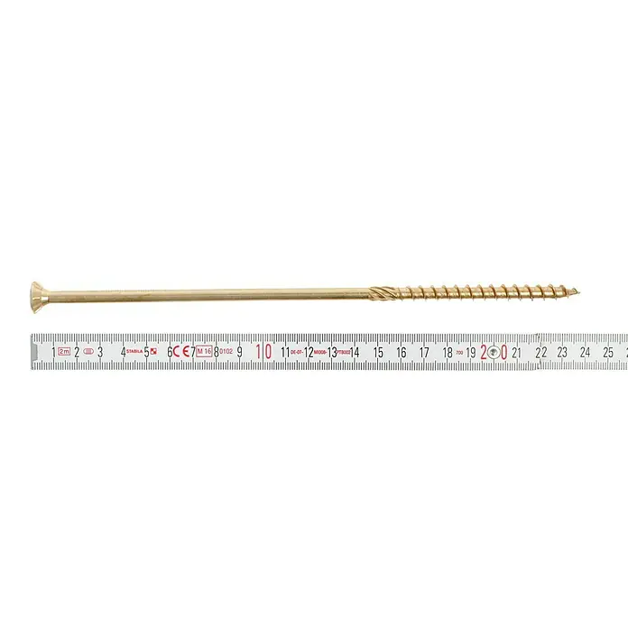 Profi Depot Tornillo para madera TX - Cabezal avellanado, TX para accionamientos TORX, 25 ud., Ø x L: 8 x 240 mm - Primer plano de un tornillo de madera largo dorado, medido con una regla, que muestra una longitud de unos 24 cm.