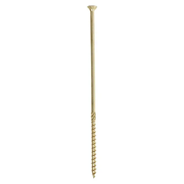 Profi Depot Tornillo para madera TX - Cabezal avellanado, TX para accionamientos TORX, 25 ud., Ø x L: 8 x 240 mm - Primer plano de un tornillo de espárrago con rosca métrica y collar, perfecto para fijaciones seguras. El tornillo está hecho de metal dorado robusto.