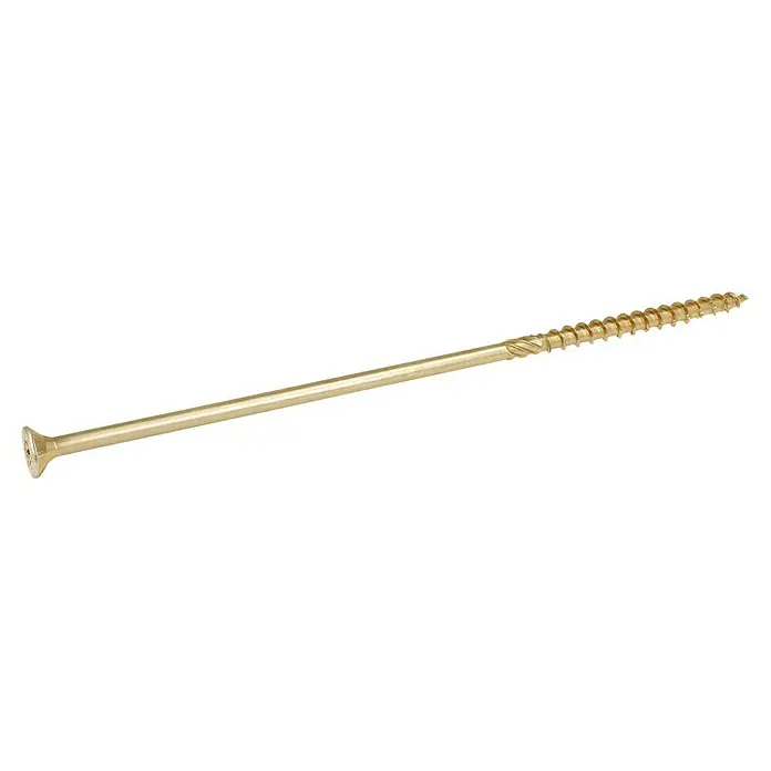 Profi Depot Tornillo para madera TX - Cabezal avellanado, TX para accionamientos TORX, 25 ud., Ø x L: 8 x 240 mm - Primer plano de un solo tornillo de madera dorado que destaca sobre un fondo negro, resaltando los detalles de la cabeza del tornillo.