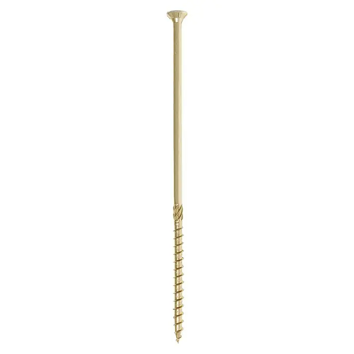 Profi Depot Tornillo para madera TX - Cabezal avellanado, TX para accionamientos TORX, 25 ud., Ø x L: 8 x 220 mm - Una foto detallada de un tornillo para madera de color dorado, que muestra su cabeza ancha y roscado afilado. Ideal para proyectos de bricolaje.