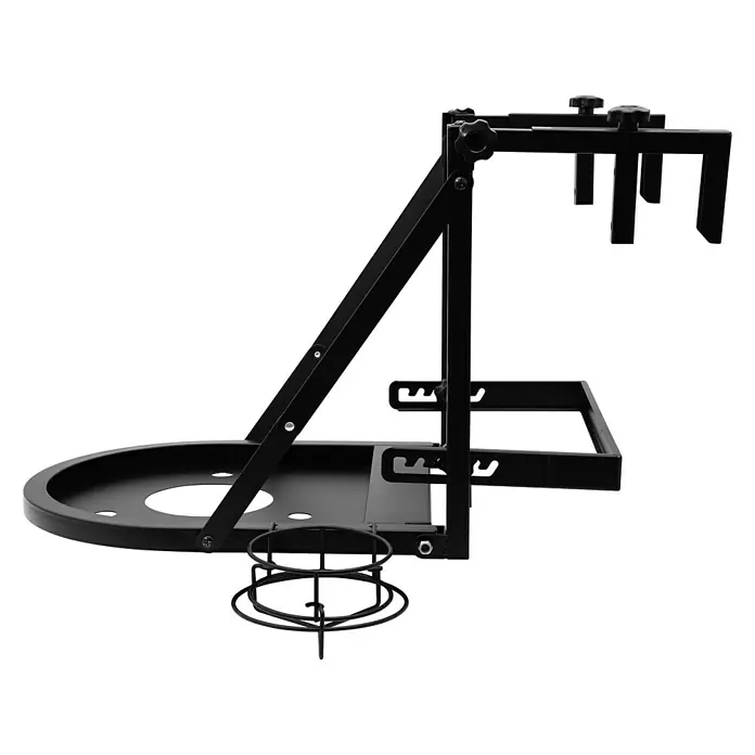 Halterung Balkon & Wand - Passend für: Gasgrill Urban - Eine verstellbare, schwarze Halterung mit verschiedenen Fächern und Haltern für Zubehör, ideal für Hobby und Werkstatt.