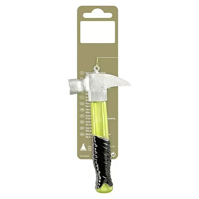 Dekoartikel - Bunt, Glas, Hammer - Ein Weihnachtsschmuck in Form eines Hammers mit silbernem Kopf und einem grün-schwarz glitzernden Griff.