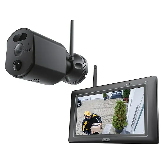 Abus Überwachungskamera-Set PPDF17000 Easy-Look Basic - L x B x H: 32 x 199 x 123 mm - Eine ABUS Überwachungskamera und ein Monitor, der eine Person zeigt, die ein Paket liefert.