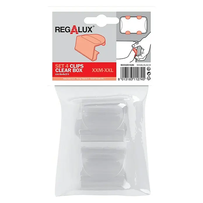Regalux Clips - Passend für: Regalux Clear Boxen XXM - XXL, 4 Stk. - Set mit vier transparenten Regalux-Clips zur sicheren Befestigung von Boxen, Größe XXM-XXL, Abmessungen 6x4x3 cm.