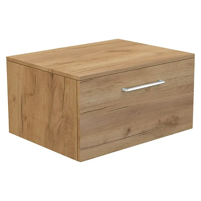 Camargue Espacio Unterschrank - 60 x 46 x 30 cm, Farbe Griff: Chrom, Doce - Nahaufnahme einer Holzkommode mit einem Schubfach und einem silbernen Griff auf schwarzem Hintergrund.