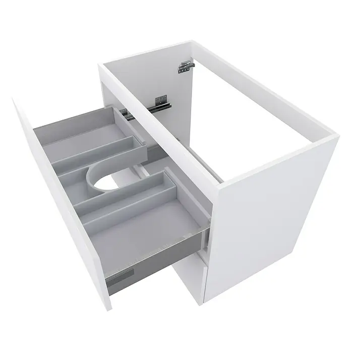 Camargue Espacio Waschtischunterschrank - 80 x 46 x 60 cm, 2 Schubkästen, Gama weiß matt - Produktansicht eines modernen, weißen Badezimmerunterschranks mit einer Schublade und praktischen Fächern zur Aufbewahrung von Badutensilien.