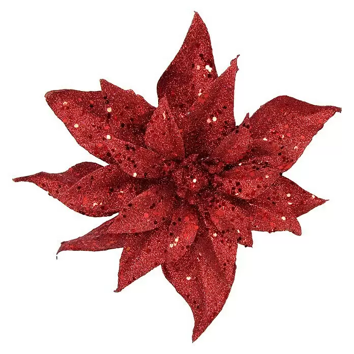 Dekoblüte - Kunststoff, Rot - Glitzernde rote Poinsettienblume als Dekoration.