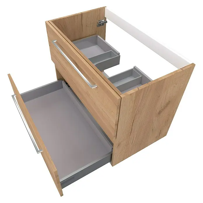 Camargue Espacio Waschtischunterschrank - 80 x 46 x 60 cm, 2 Schubkästen, Doce - Waschtischunterschrank mit zwei Schubladen in Holzoptik und grauen Innenfächern für mehr Stauraum im Badezimmer.