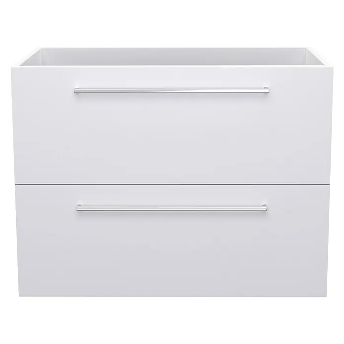 Camargue Espacio Waschtischunterschrank - 80 x 46 x 60 cm, 2 Schubkästen, Mira - Bild eines weißen Badezimmerunterschranks mit zwei Schubladen und silbernen Griffen. Der Schrank ist modern und minimalistisch gestaltet.