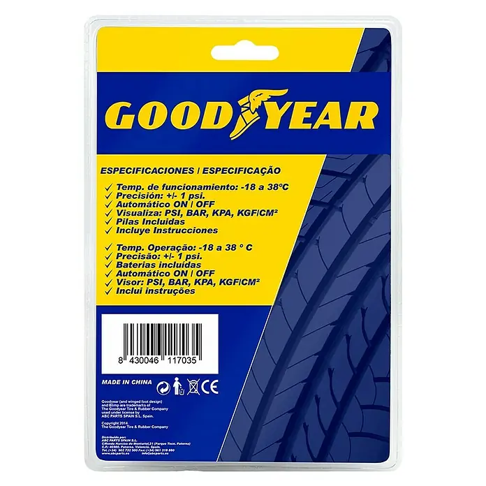 Goodyear Manómetro de presión de aire digital - Tubo extraíble - Embalaje del manómetro de presión de neumáticos Goodyear con especificaciones técnicas y código de barras, fabricado en China.