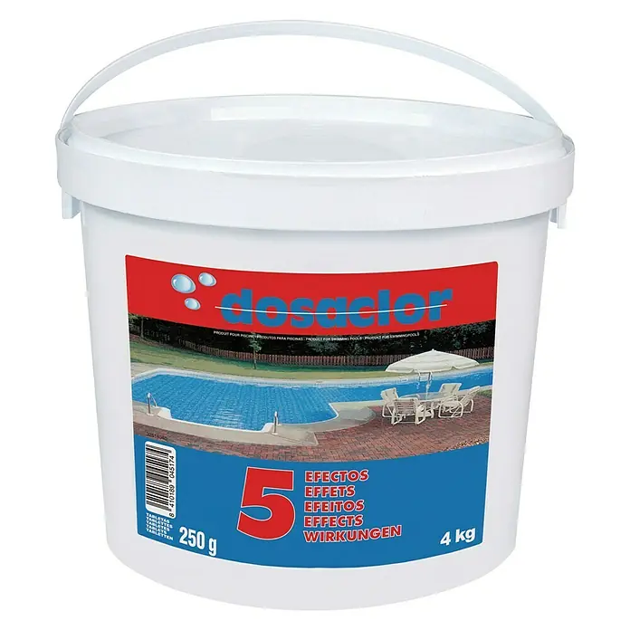 Tabletas multifunción Dosaclor 5 efectos - 1 ud., 4 kg - Un cubo blanco de productos químicos para piscinas Dosaclor, diseñado para la limpieza y el mantenimiento de piscinas.