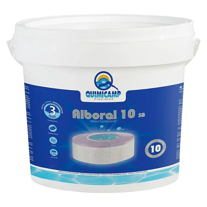 Quimicamp Tabletas multifunción 10 efectos Alboral - 5 kg - Imagen de un producto para el cuidado de piscinas de Quimicamp, Alboral 10 SB, un producto inteligente para el mantenimiento.