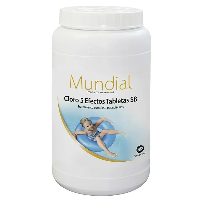 Mundial Tabletas multifunción 5 efectos - Apto para: Piscinas, 2 kg - Presentación de un envase de "Mundial Cloro 5 Efectos Tabletas SB" para el mantenimiento de piscinas, prometiendo un tratamiento completo.