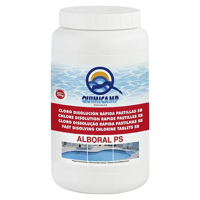 Quimicamp Pastillas de cloro Alboral - 2 kg - Bote de pastillas SB de cloro de disolución rápida de Quimicamp, ideal para piscinas, con fórmula Alboral PS para agua limpia.