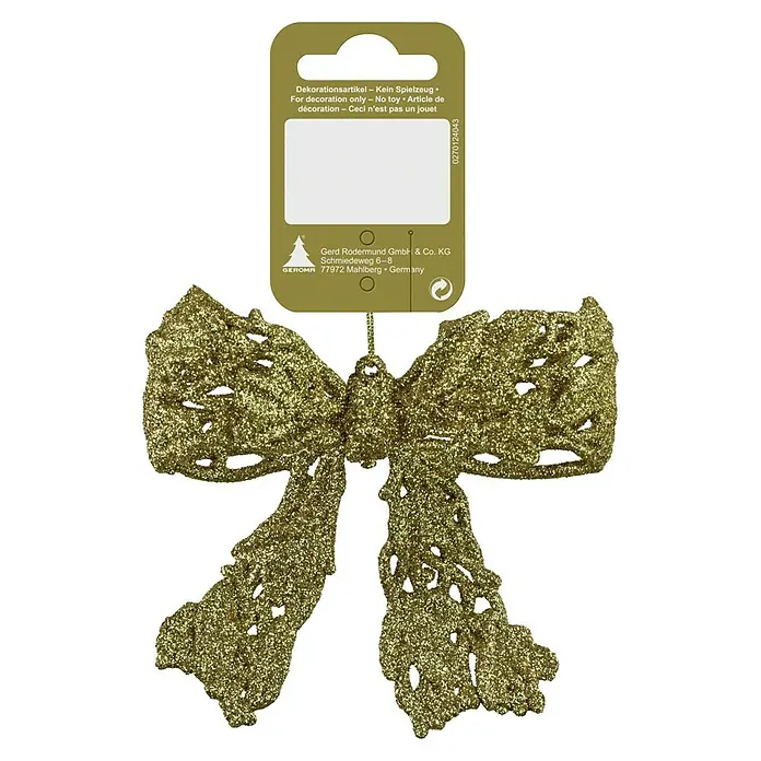 Christbaumschmuck Schleife Glitzer - Gold, Kunststoff, Schleife - Goldene Schleife mit Glitzer zur Dekoration, nicht als Spielzeug geeignet. Perfekt für festliche Anlässe und als Baumschmuck.