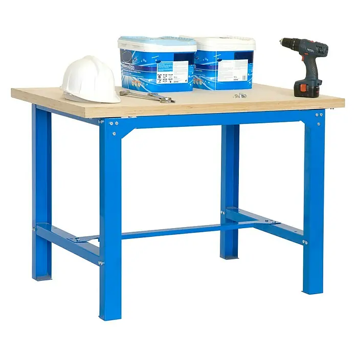 Simonrack Simonwork Banco de trabajo BT6 - L x An: 75 x 180 cm, Altura de trabajo: 86,5 cm, Carga soportada: 600 kg, Azul - Banco de trabajo con estructura azul y diversas herramientas como taladro, cubos y casco en la superficie.
