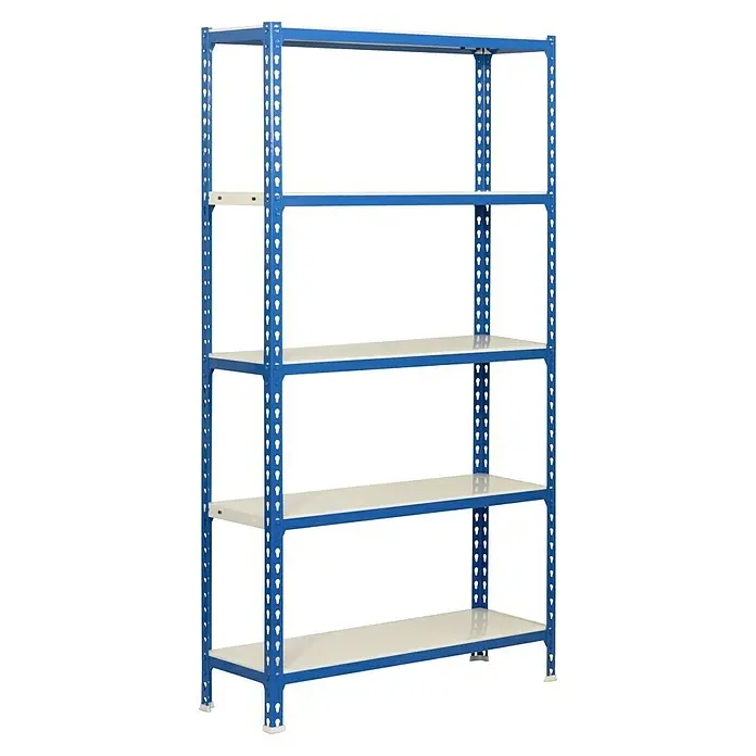 Simonrack Simonclick Metallregal Simonclick Mini - H x B x T: 180 x 80 x 30 cm, Traglast pro Boden: 180 kg, Anzahl Böden: 5 Stk., Stecken, Blau/Weiß - Blaues Metallregal mit fünf Regalböden zur Aufbewahrung und Organisation von Gegenständen im Lager oder Büro.