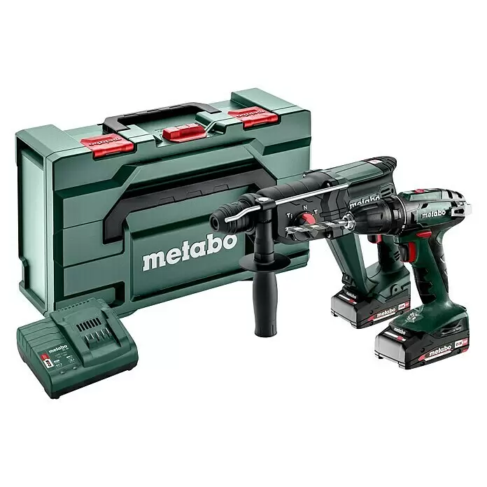 Metabo CAS 18V Maschinen-Set Akku Combo Set 2.3.2 18 V - 18 V, 2 Akkus, 2 Ah, Akku-Bohrschrauber BS 18 + Akku-Kombihammer KH 18 LTX 24 - Metabo Akku-Bohrhammer- und Bohrschrauber-Set mit zwei Akkus, Ladegerät und grünem Koffer.