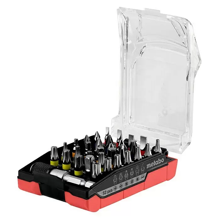 Metabo Bit-Box Akku Bit-Box - 32 -tlg. - Metabo 32-teiliger Schraubendreher-Bit-Satz in einem rot-schwarzen Gehäuse mit durchsichtigem Deckel, inklusive verschiedener Bits und Bithalter.