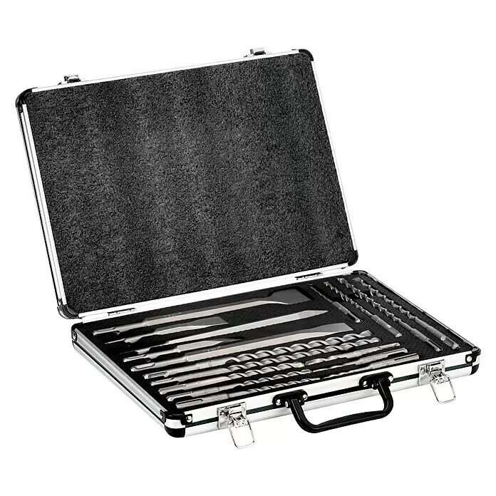 Metabo Bohrer-Set - 17 Stk. - Geöffneter silberner Metallkoffer mit einem umfassenden Satz silberfarbener Bohrer und Meißel in schwarzem Schaumstoff.