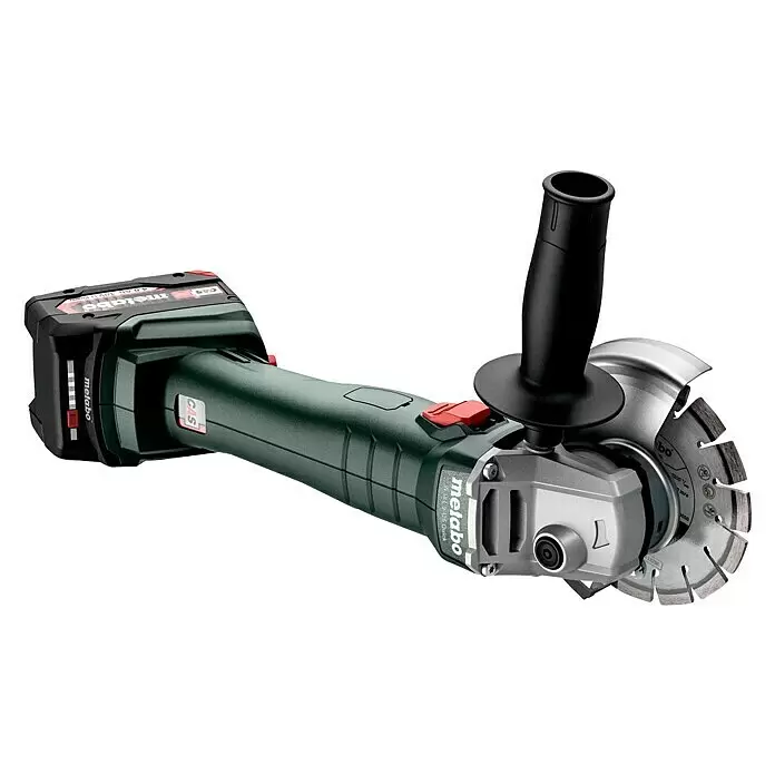 Metabo CAS 18V Akku-Winkelschleifer W 18 L 9-125 - 18 V, Ohne Akku, Durchmesser Scheibe: 125 mm - Dunkelgrüner und silberner Akku-Winkelschleifer mit schwarzem Akku, Griff und Trennscheibe.