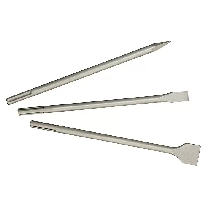 Metabo Meißel-Set - 3 -tlg., SDS Max - Drei graue Metall-Meißel für Bohrhammer mit SDS-Plus-Schaft, mit spitzen, flachen und spatenförmigen Spitzen.
