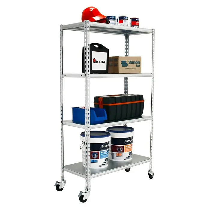 Simonrack Simonclick Estantería metálica Mobile Plus - Al x An x Pr: 150 x 100 x 50 cm, Número de baldas: 4 ud., Inserción, Galvanizado - Estantería metálica con cuatro estantes, cargada con herramientas y recipientes, ideal para taller o almacén.\n
