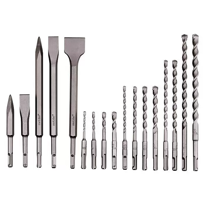 Metabo Bohrer-Set - 17 Stk. - Ein Set aus grauen Metallmeißeln und Spiralbohrern unterschiedlicher Größen für Bohrhämmer.
