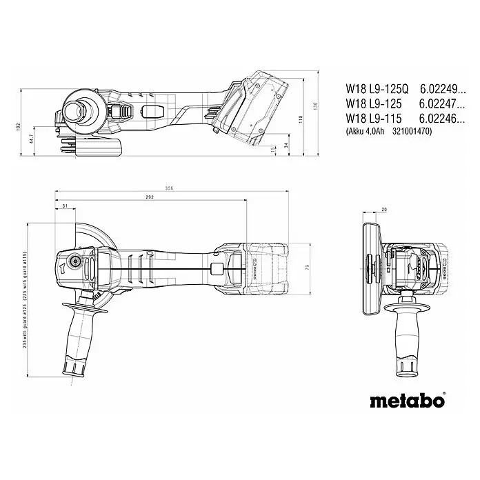 Metabo CAS 18V Akku-Winkelschleifer W 18 L 9-125 - 18 V, Ohne Akku, Durchmesser Scheibe: 125 mm - Technische Zeichnung eines Metabo W18 L9 Akku-Winkelschleifers mit Maßen und verschiedenen Ansichten.