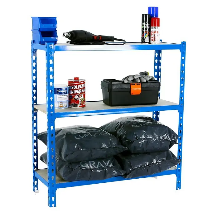 Simonrack Maderclick Metallregal Maderclick Mini - H x B x T: 90 x 80 x 50 cm, Traglast pro Boden: 150 kg, Anzahl Böden: 3 Stk., Stecken, Blau - Regal mit Werkzeugen und Materialien, ideal für Garage oder Werkstatt. Die blaue Farbe des Regals sorgt für ein sauberes Aussehen.