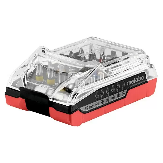 Metabo Bit-Box Akku Bit-Box - 32 -tlg. - Metabo 32-teiliges Schrauberbit-Set in einer transparenten und roten Aufbewahrungsbox, mit sichtbaren Bits.