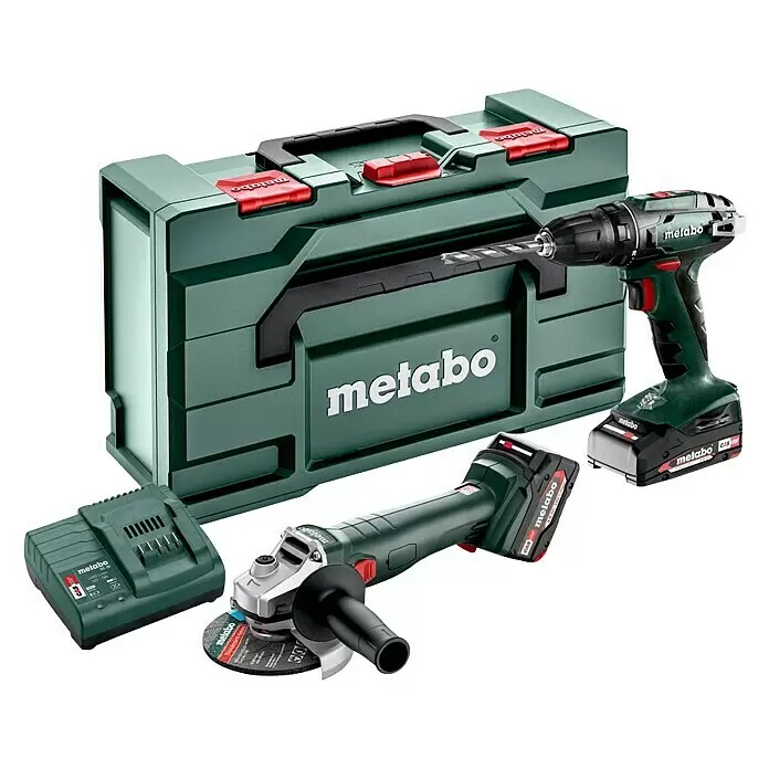 Metabo CAS 18V Maschinen-Set Akku Combo Set 2.4.3 18 V18 V, 2 Akkus, Akku-Bohrschrauber BS 18 + Akku-Winkelschleifer W 18 L 9-125 Diagonal View