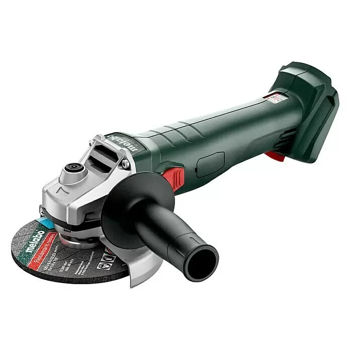 Metabo CAS 18V Akku-Winkelschleifer W 18 L 9-125 - 18 V, Ohne Akku, Durchmesser Scheibe: 125 mm - Grüne und silberne Akku-Winkelschleifer von Metabo mit schwarzem Zusatzgriff und Schleifscheibe.