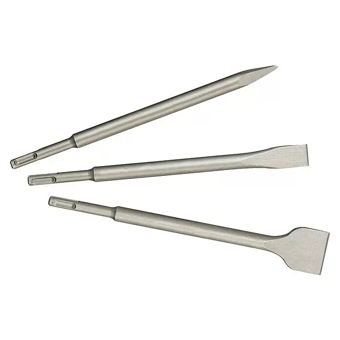 Metabo Meißel-Set - 3 -tlg., SDS Plus - Drei silbergraue SDS-Meißel: ein Spitzmeißel, zwei Flachmeißel, für Abbrucharbeiten.