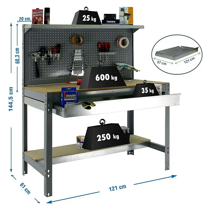 Simonrack Simonwork Werkbank Set BT3 Box 1200 - L x B: 61 x 121 cm, Arbeitshöhe: 144,5 cm, Belastbarkeit: 600 kg, Grau/Holz - Produktbild einer Werkbank mit den Maßen 144,5 cm Höhe, 121 cm Breite und 61 cm Tiefe, belastbar mit Gewichten von 25 kg bis 600 kg.
