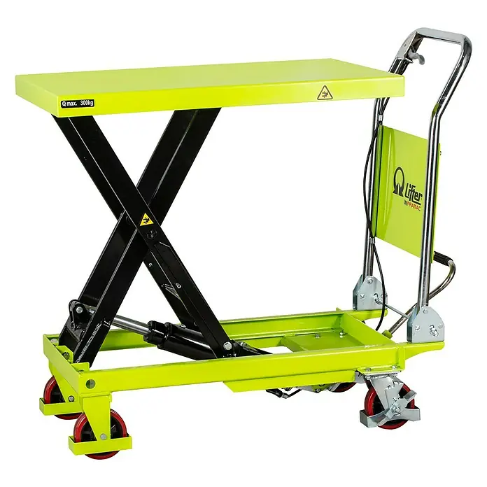 Pramac Mesa elevadora de tijera LT30 - Capacidad de carga: 300 kg, Acero, Altura de elevación: 280 mm - 900 mm - Imagen de una mesa elevadora de tijera hidráulica. Es amarilla y negra y tiene una capacidad de carga de 300 kg.