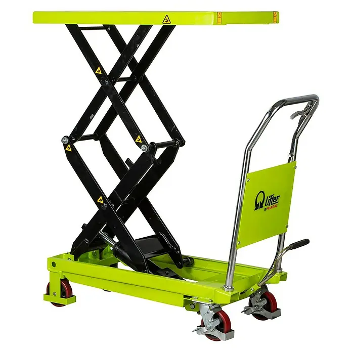 Pramac Mesa elevadora de tijera LT35D - Capacidad de carga: 350 kg, Acero, Altura de elevación: 350 mm - 1.300 mm - Carro elevador de tijera amarillo con mecanismo de tijera negro y asa para facilitar el transporte de cargas.