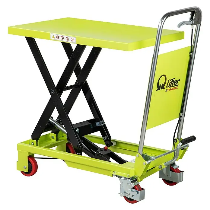 Pramac Mesa elevadora de tijera LT15 - Capacidad de carga: 150 kg, Acero, Altura de elevación: 210 mm - 720 mm - Imagen de una mesa elevadora de tijera Lifter Pramac, ideal para talleres. Levanta cargas pesadas de forma segura y cómoda.