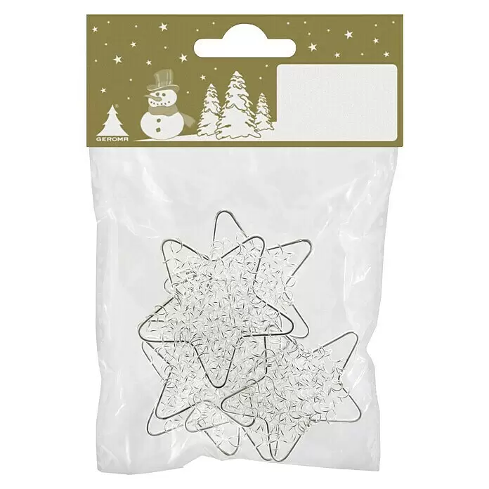 Geroma Dekoelement Sterne - Durchmesser: 5 cm, Silber, Draht, 6 Stk. - Transparente Tüte mit goldener Kopfzeile, enthält silberne Draht-Stern-Dekorationen.