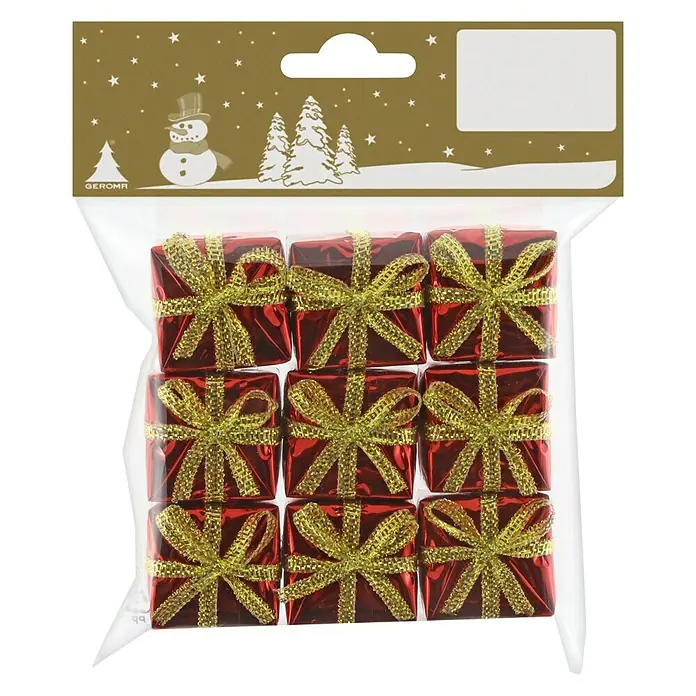 Geroma Christbaumschmuck Geschenke - Rot/Gold, Kunststoff, 9 Stk. - Nahaufnahme einer Verpackung mit neun Miniatur-Weihnachtsgeschenken, jeweils mit rotem Papier und goldener Schleife.