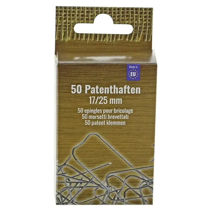 Faltbox - L x B x H: 12 mm x 11 cm x 1,5 cm - Die Verpackung von 50 Patenthaften (17/25 mm), hergestellt in der EU, für Heimwerker- und Bastelprojekte.