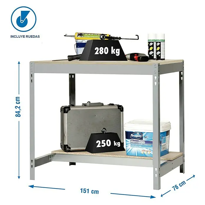 Simonrack Simonwork Banco de trabajo BT0 Mobile - L x An: 95,7 x 151 cm, Altura de trabajo: 91,7 cm, Carga soportada: 120 kg, Gris - Banco de trabajo con herramientas y materiales. Las dimensiones son: 84,2 cm de alto, 151 cm de ancho y 76 cm de profundidad. Incluye ruedas.