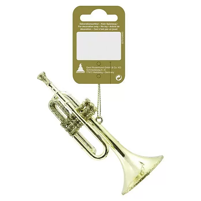 Geroma Christbaumschmuck Goldene Trompete - Gold, Kunststoff, 12 x 4,5 x 4,5 cm - Goldener, glitzernder Trompeten-Christbaumschmuck mit kleinem Produktanhänger. Ideal für festliche Dekoration.