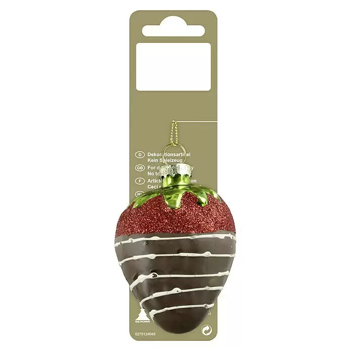 Dekofigur - Glas - Ein Weihnachtsschmuck in Form einer Schoko-Erdbeere mit rotem Glitzer, dunkelbrauner Basis, weißen Streifen und grüner Kappe, an goldener Schnur hängend.