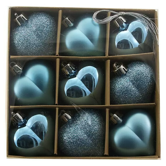 Christbaumkugel-Set - Blau, Kunststoff, 9 Stk. - Box mit neun herzförmigen Weihnachtsbaumkugeln in Silber und Blau, teils glitzernd, teils glatt.