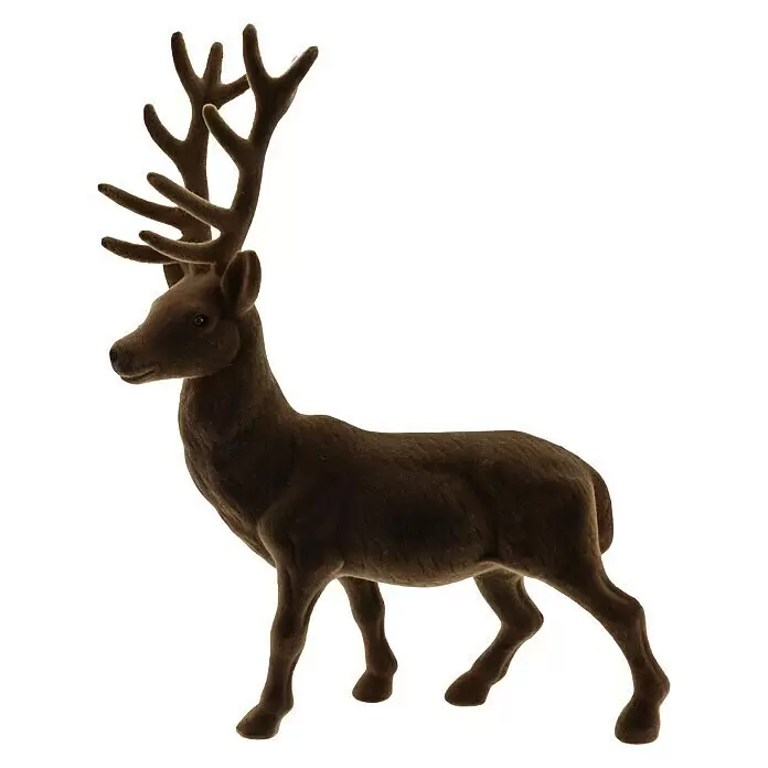 Dekofigur Samt Hirsch - L x B x H: 27 x 7 x 70 cm, Kunststoff, Hirsch, Dunkelbraun - Braune beflockte Hirschfigur mit großem Geweih, stehend. Ein Dekoartikel.