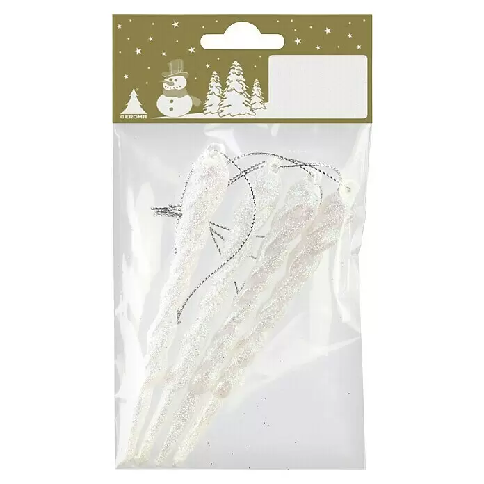 Christbaumschmuck Eiszapfen - Weiß, Kunststoff, 4 Stk. - Weiße, glitzernde, verdrehte Eiszapfen-Weihnachtsornamente in Plastikverpackung.