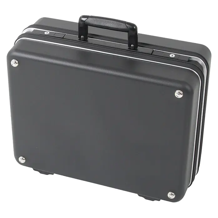 Hepco & Becker Werkzeugkoffer Classic 5182 - L x B: 430 x 510 mm, Höhe: 220 mm, ABS Pro - Schwarzer Hartschalenkoffer mit silbernen Akzenten und einem stabilen Tragegriff, ideal für sicheren Transport von Dokumenten.